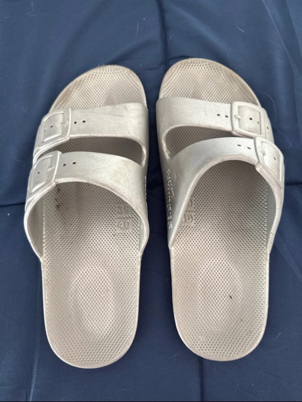 Women's Metallic Silver Double-Buckle Slide Sandals Freedom Moses